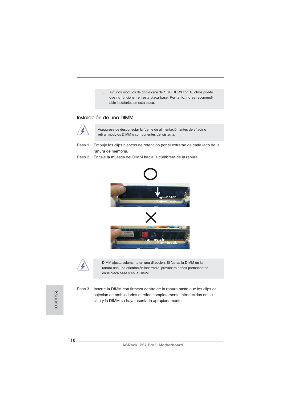 Español instalación de una dimm | ASRock P67 Pro3 User Manual | Page 118 / 266