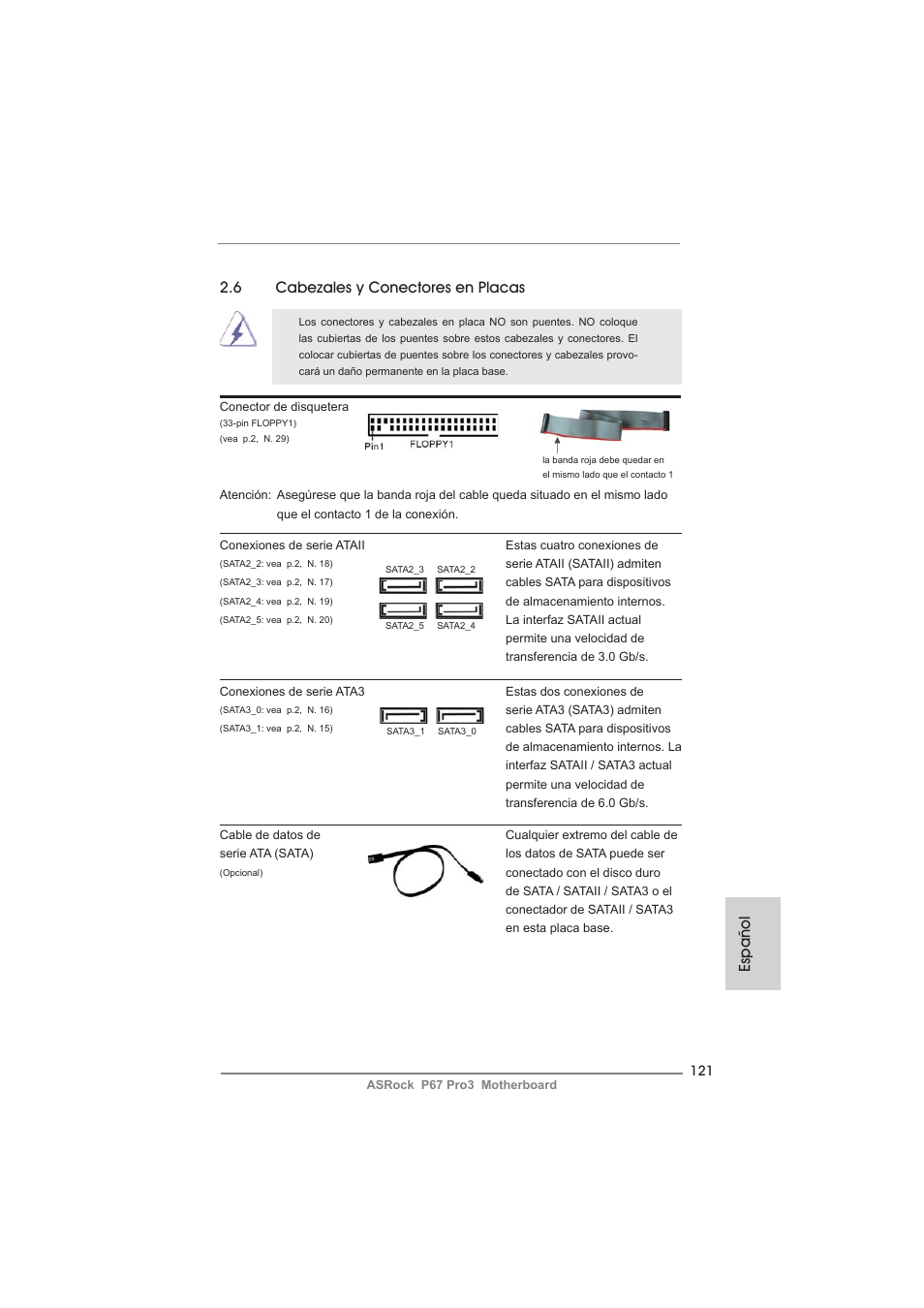 6 cabezales y conectores en placas, Español | ASRock P67 Pro3 User Manual | Page 121 / 266
