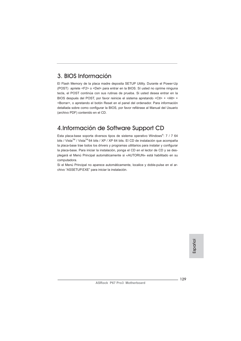 Bios información, Información de software support cd | ASRock P67 Pro3 User Manual | Page 129 / 266