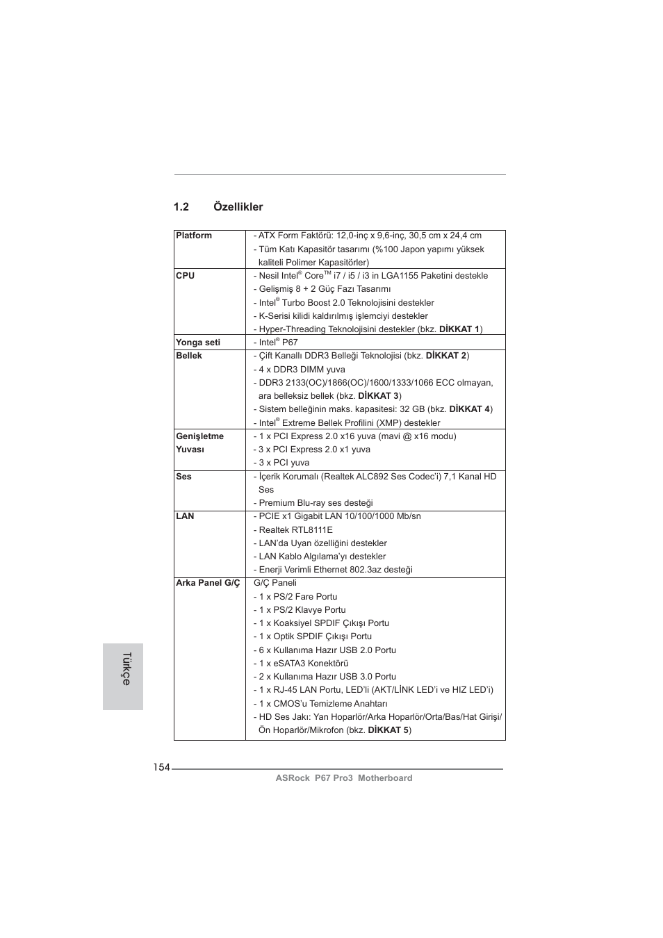 2 özellikler, Türkçe | ASRock P67 Pro3 User Manual | Page 154 / 266