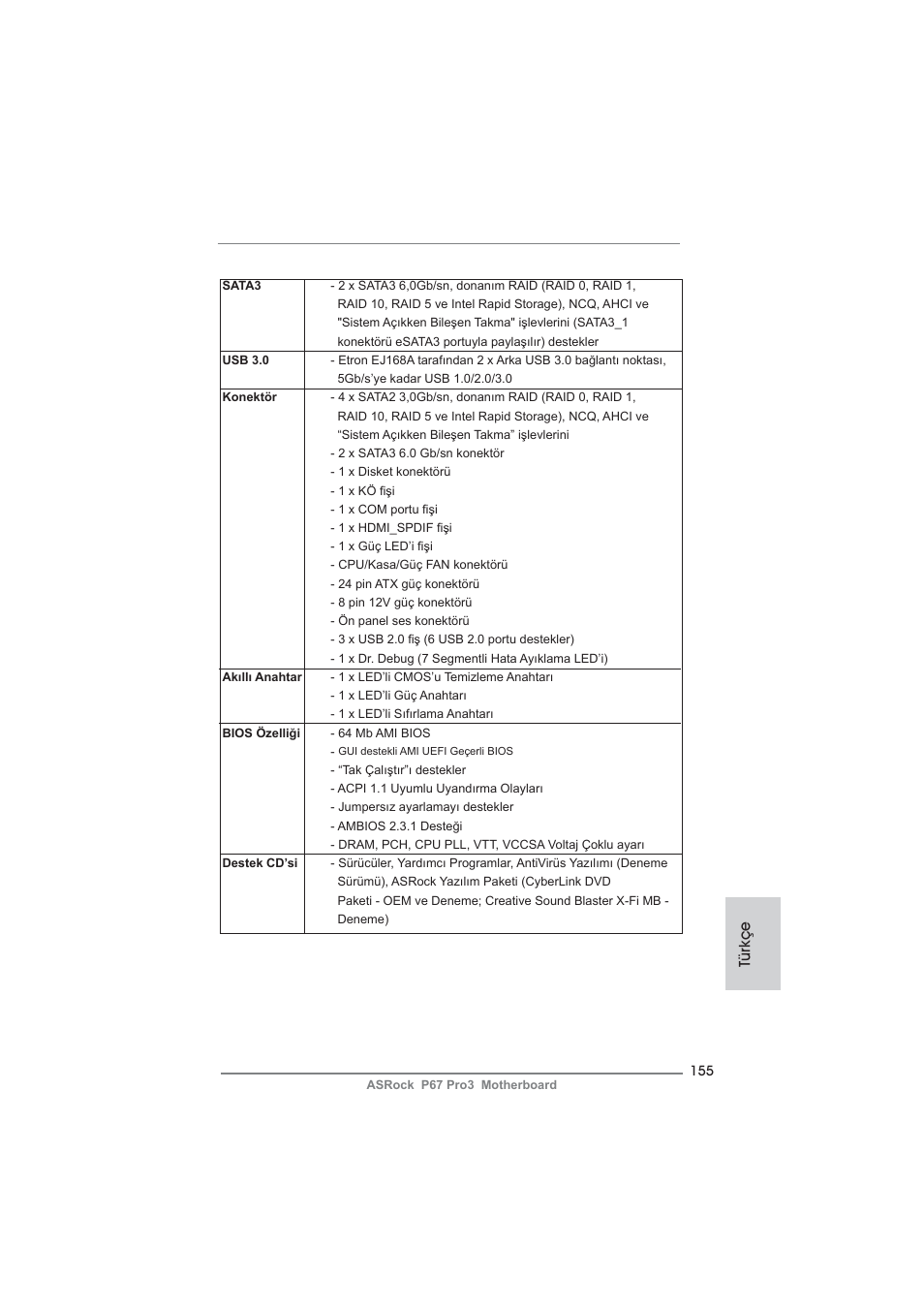 Türkçe | ASRock P67 Pro3 User Manual | Page 155 / 266
