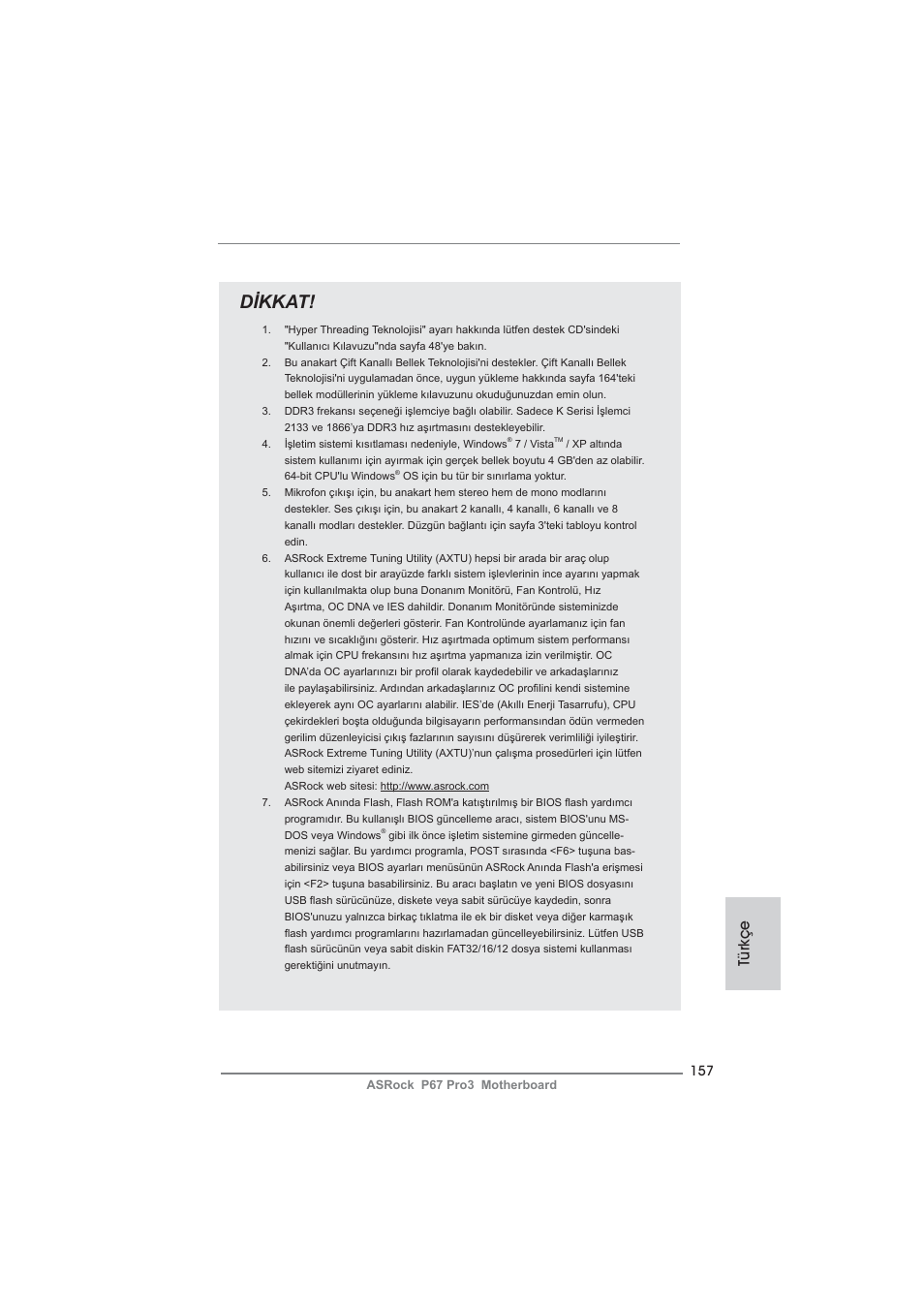Dikkat, Türkçe | ASRock P67 Pro3 User Manual | Page 157 / 266