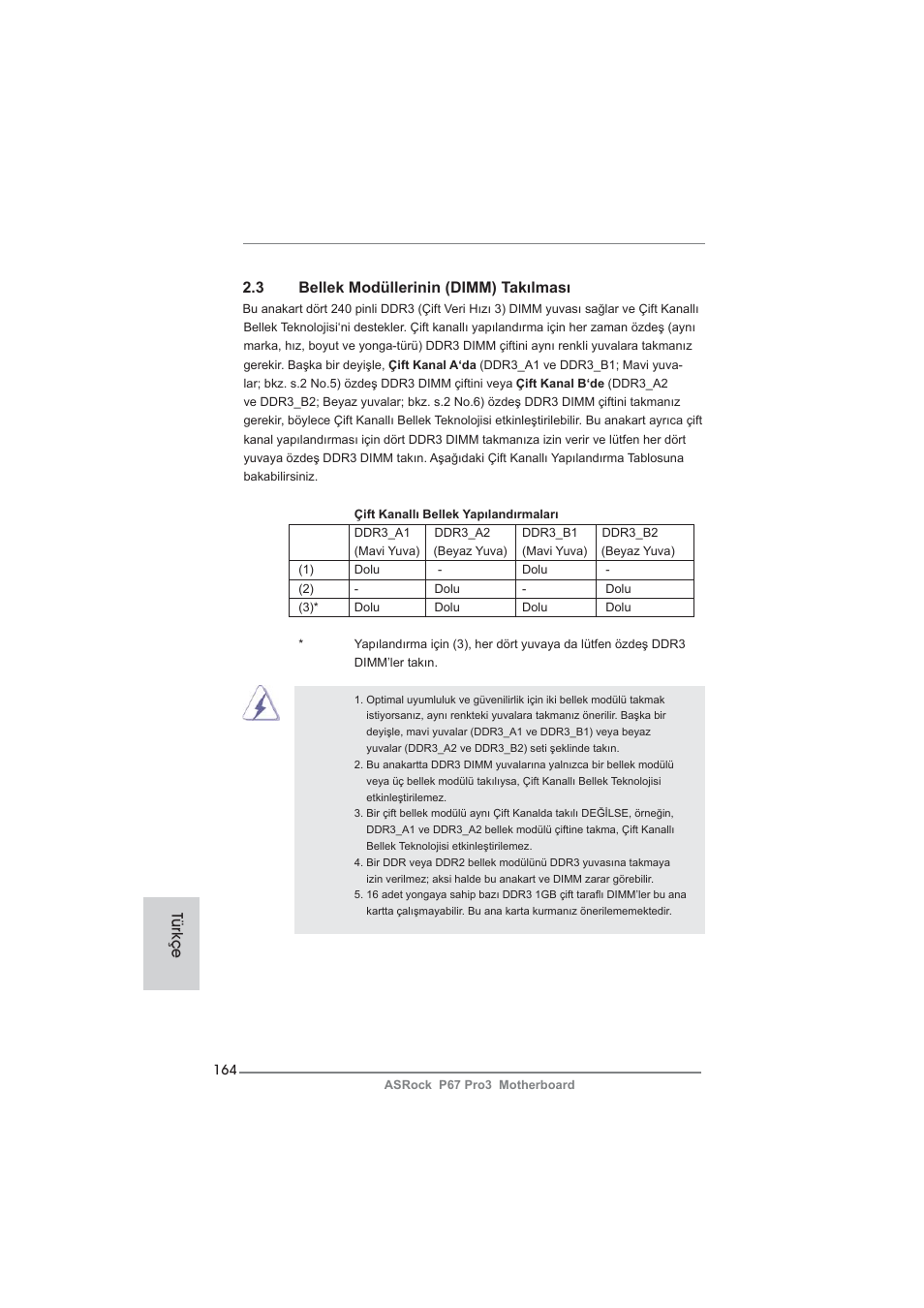 Türkçe 2.3 bellek modüllerinin (dimm) takılması | ASRock P67 Pro3 User Manual | Page 164 / 266