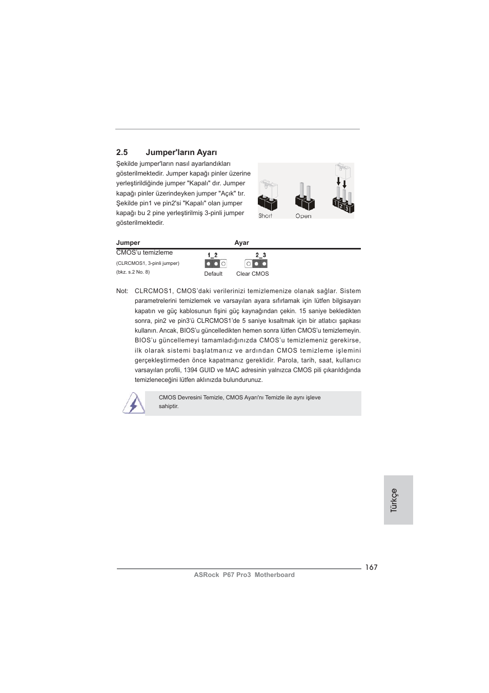 5 jumper'ların ayarı, Türkçe | ASRock P67 Pro3 User Manual | Page 167 / 266