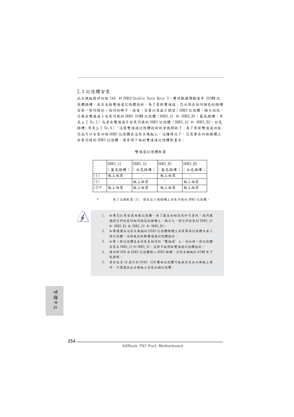 繁體中文 2.3 記憶體安裝 | ASRock P67 Pro3 User Manual | Page 254 / 266
