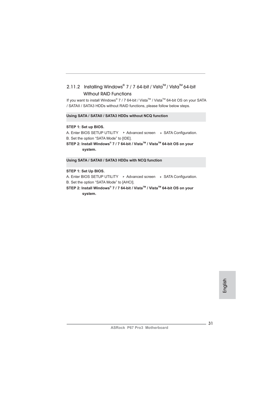 English 2.11.2 installing windows, 7 / 7 64-bit / vista, Vista | Bit without raid functions | ASRock P67 Pro3 User Manual | Page 31 / 266