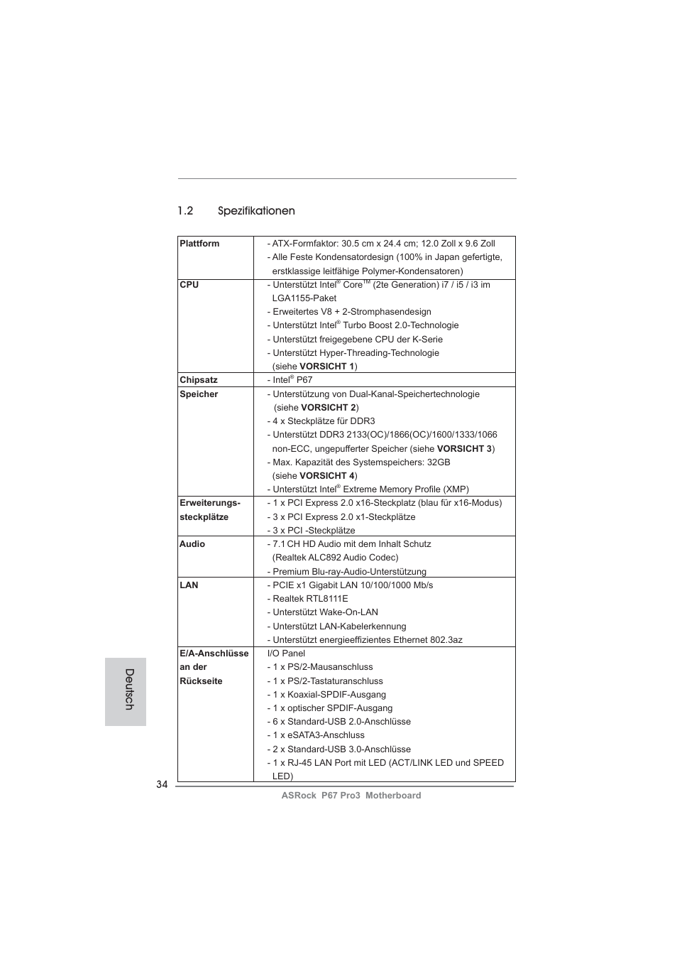 2 spezifikationen, Deutsch | ASRock P67 Pro3 User Manual | Page 34 / 266