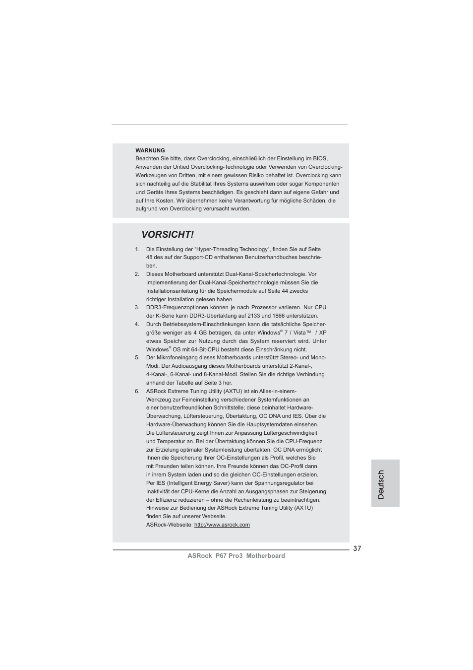 Vorsicht, Deutsch | ASRock P67 Pro3 User Manual | Page 37 / 266