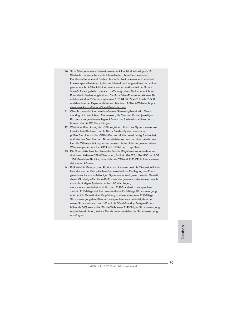 Deutsch | ASRock P67 Pro3 User Manual | Page 39 / 266