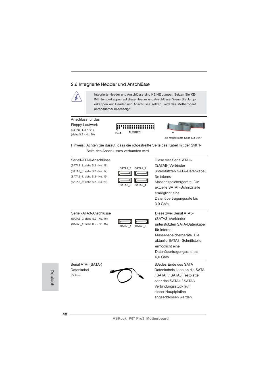 6 integrierte header und anschlüsse, Deutsch | ASRock P67 Pro3 User Manual | Page 48 / 266
