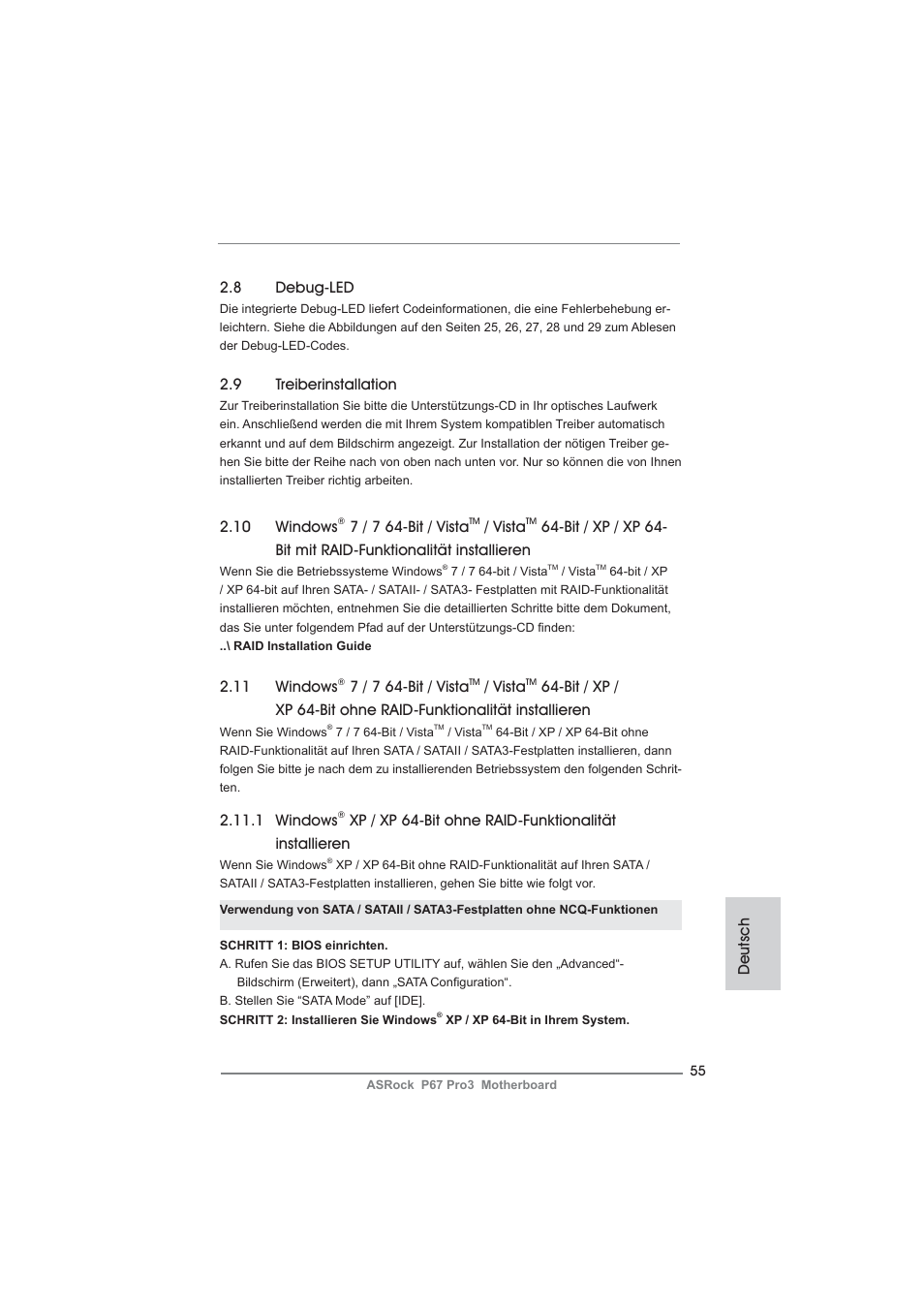 Deutsch 2.9 treiberinstallation, 8 debug-led, 11 windows | 7 / 7 64-bit / vista, Vista, 1 windows, 10 windows | ASRock P67 Pro3 User Manual | Page 55 / 266