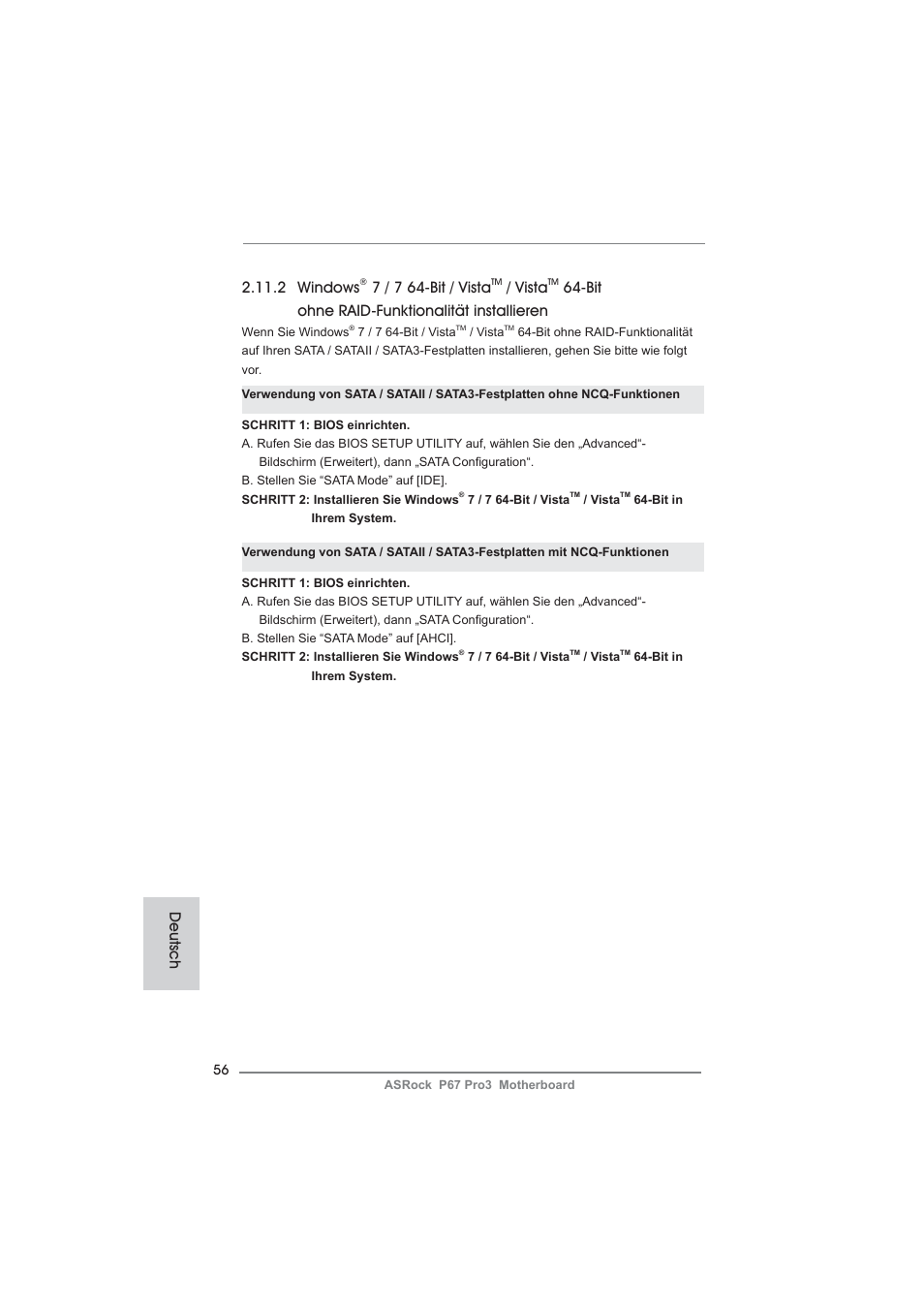 2 windows, 7 / 7 64-bit / vista, Vista | Bit ohne raid-funktionalität installieren, Deutsch | ASRock P67 Pro3 User Manual | Page 56 / 266