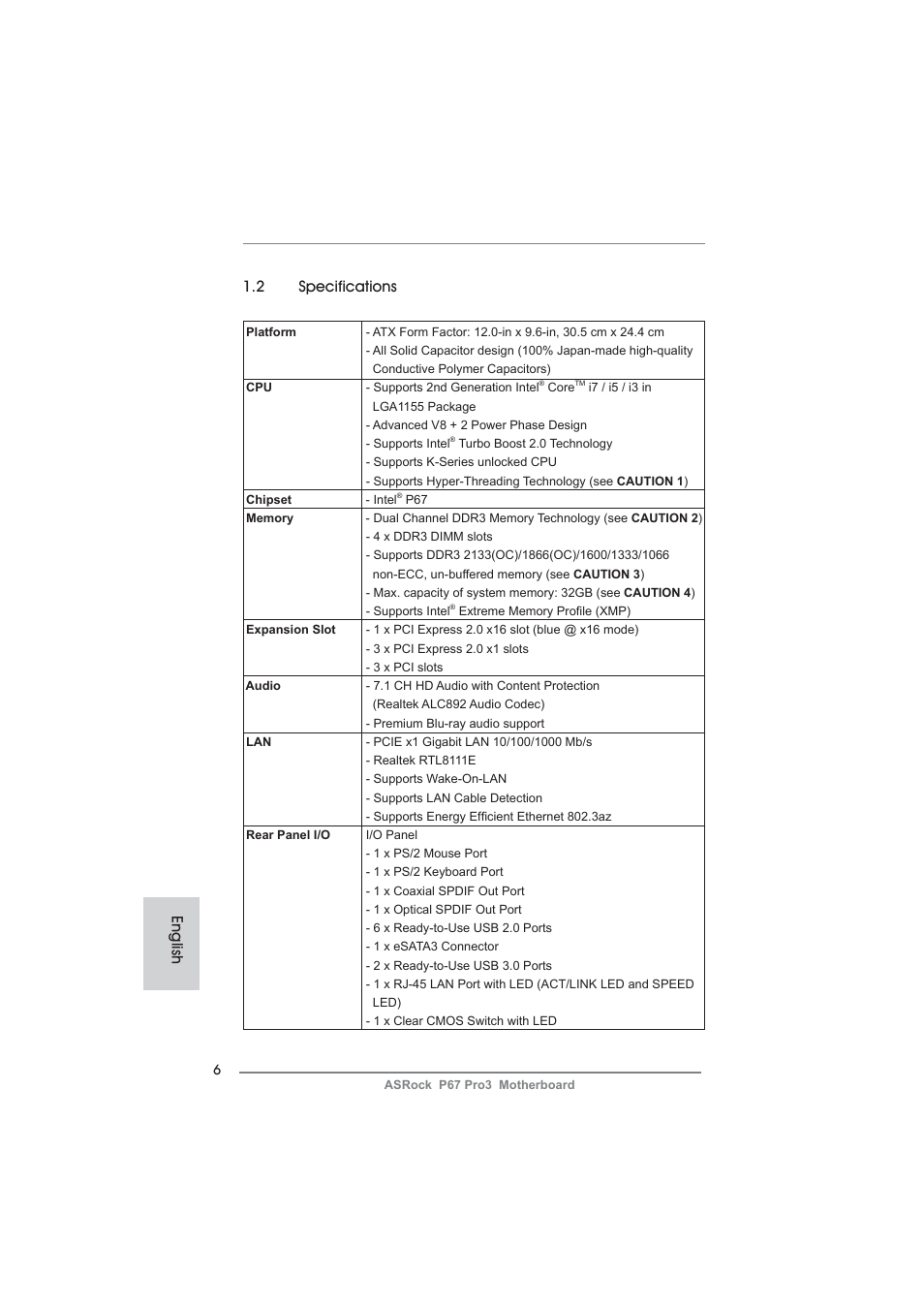 English 1.2 specifications | ASRock P67 Pro3 User Manual | Page 6 / 266