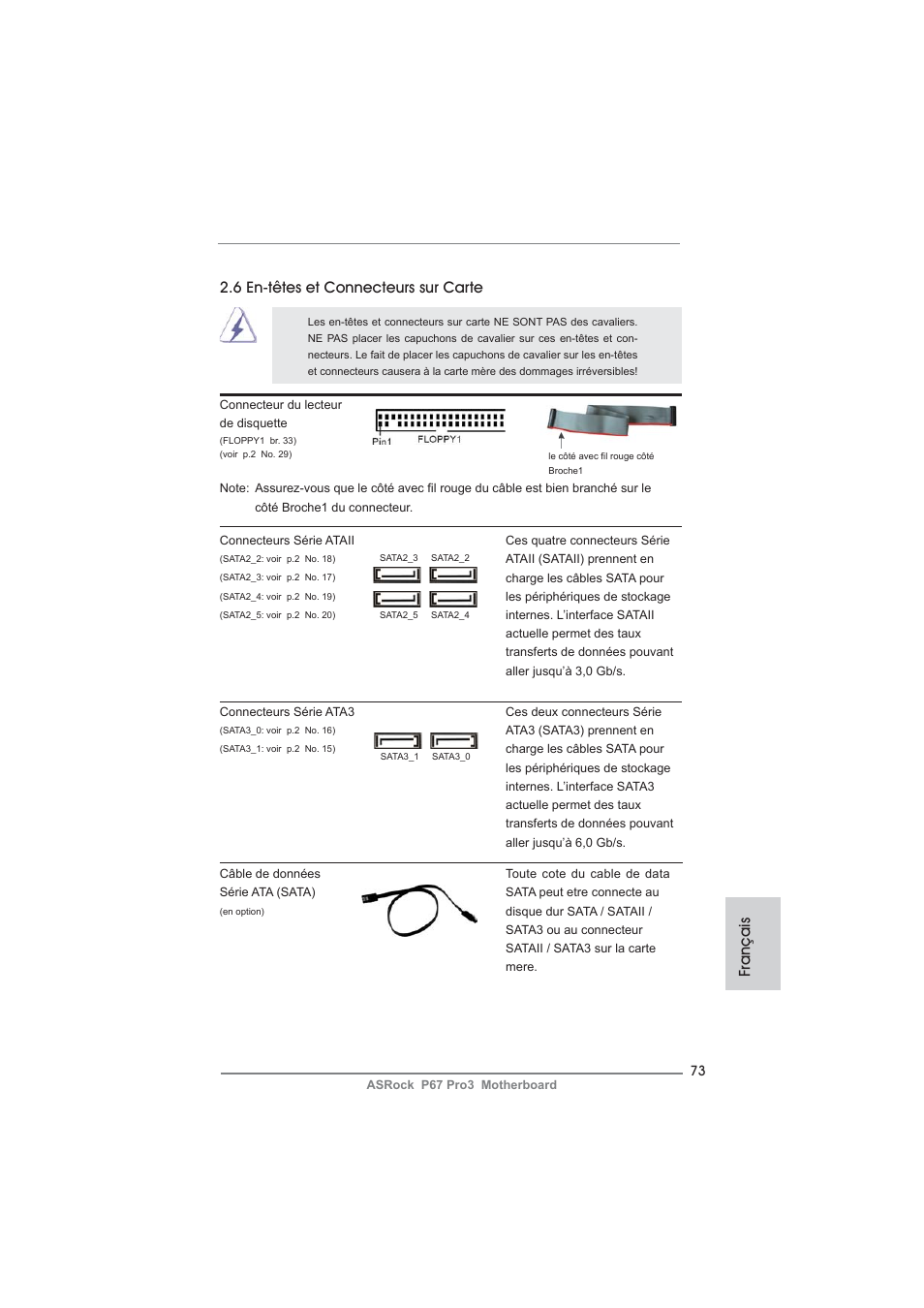 6 en-têtes et connecteurs sur carte, Français | ASRock P67 Pro3 User Manual | Page 73 / 266