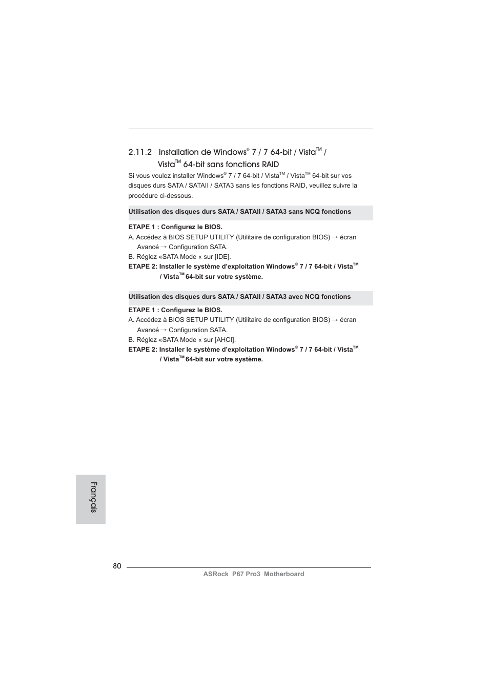 2 installation de windows, 7 / 7 64-bit / vista, Vista | Bit sans fonctions raid, Français | ASRock P67 Pro3 User Manual | Page 80 / 266