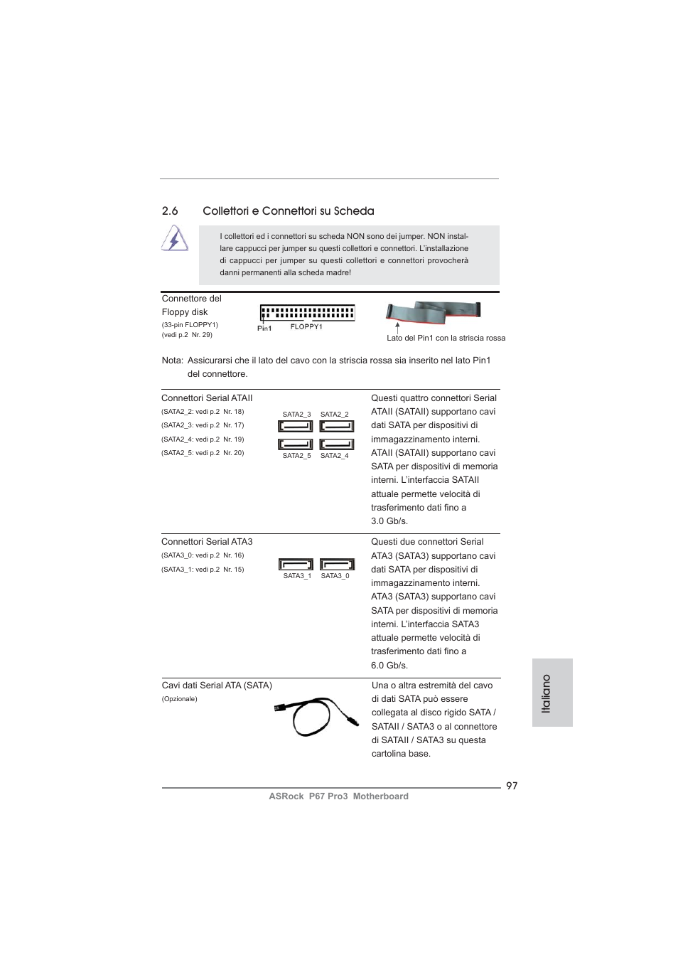 Italiano, 6 collettori e connettori su scheda | ASRock P67 Pro3 User Manual | Page 97 / 266
