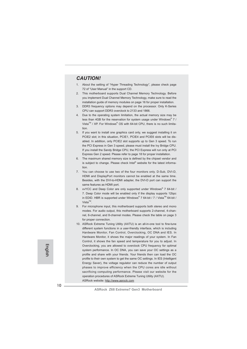 Caution, English | ASRock Z68 Extreme7 Gen3 User Manual | Page 10 / 249