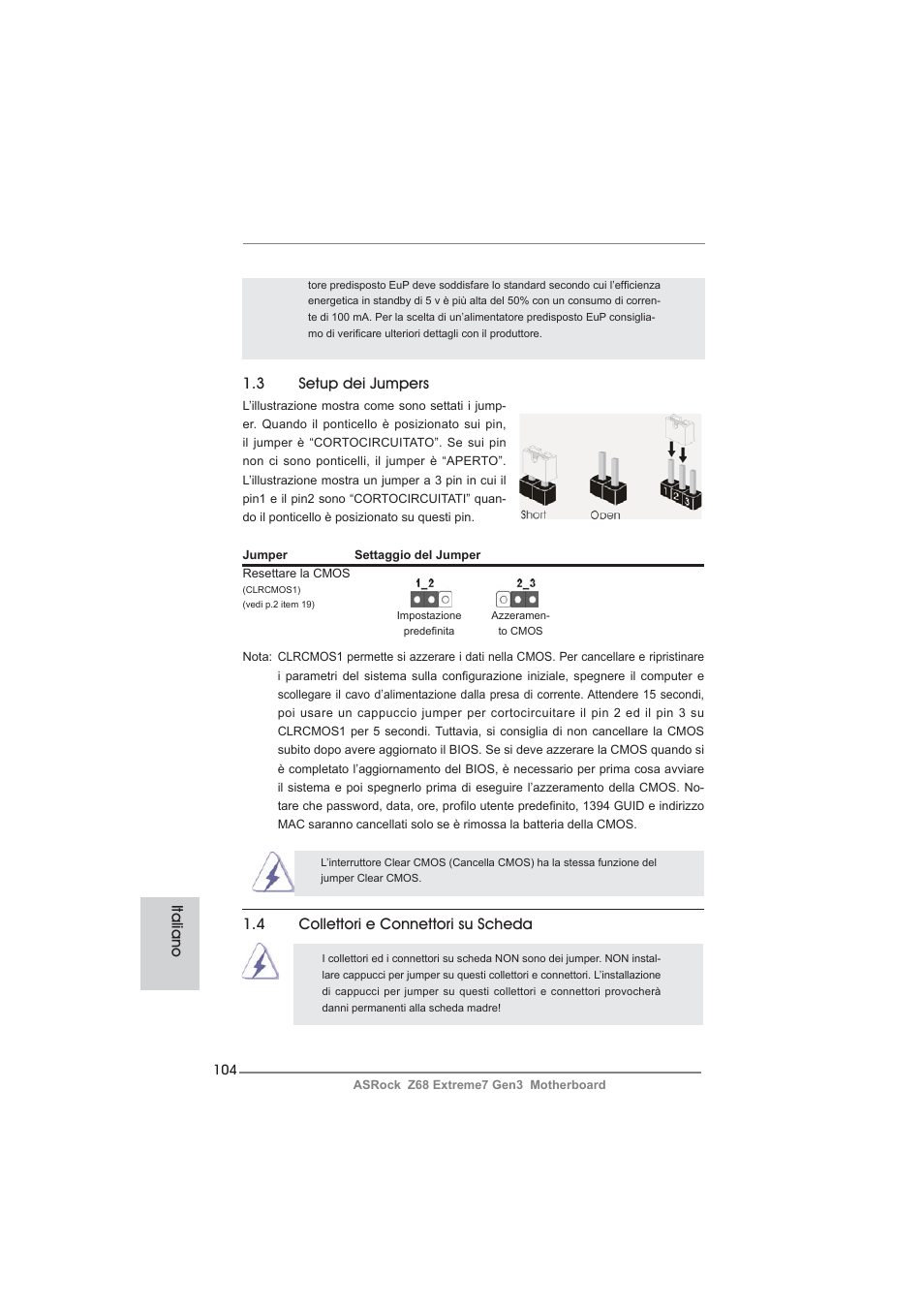 3 setup dei jumpers, Italiano, 4 collettori e connettori su scheda | ASRock Z68 Extreme7 Gen3 User Manual | Page 104 / 249