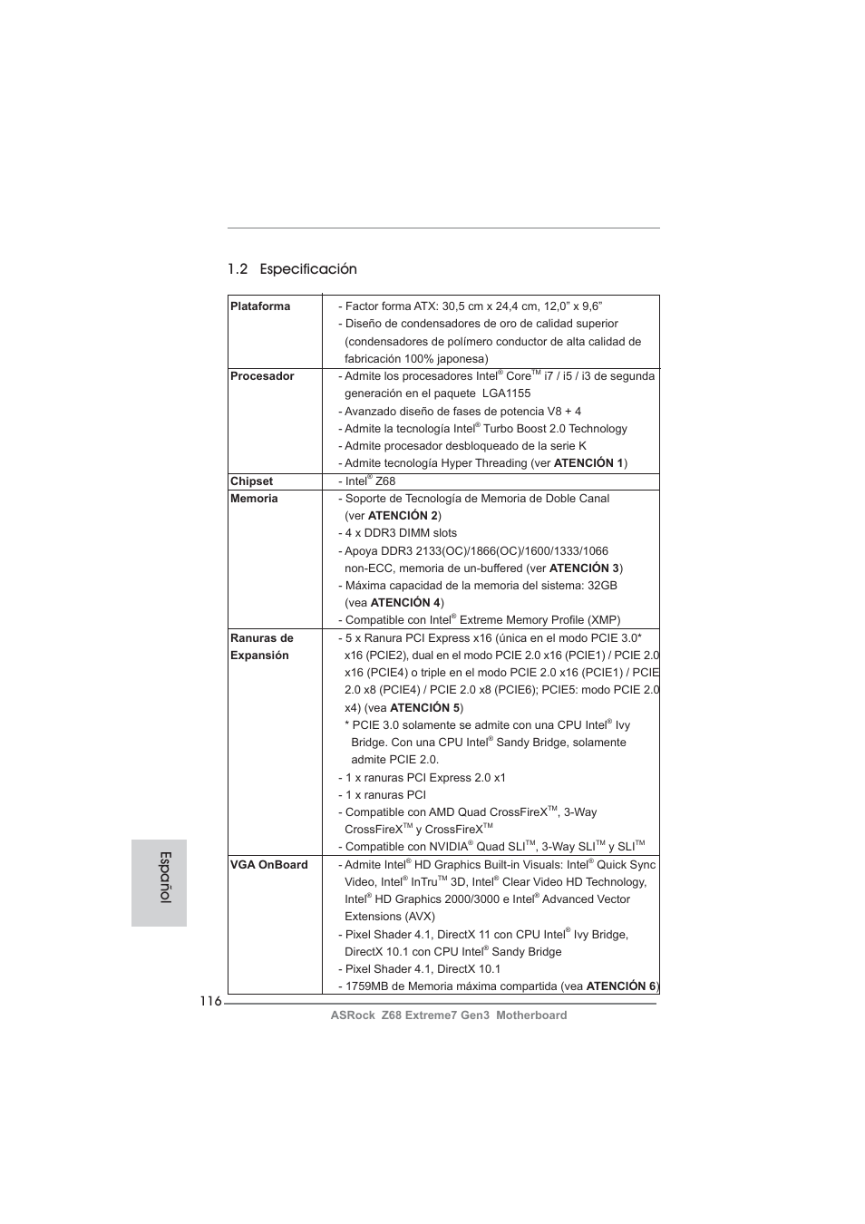 Español 1.2 especificación | ASRock Z68 Extreme7 Gen3 User Manual | Page 116 / 249