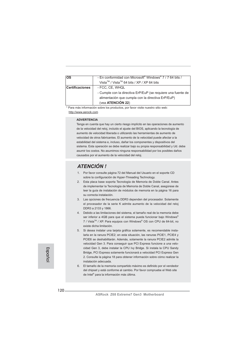Atención, Español | ASRock Z68 Extreme7 Gen3 User Manual | Page 120 / 249