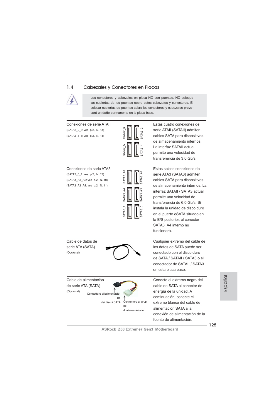 Español 1.4 cabezales y conectores en placas | ASRock Z68 Extreme7 Gen3 User Manual | Page 125 / 249