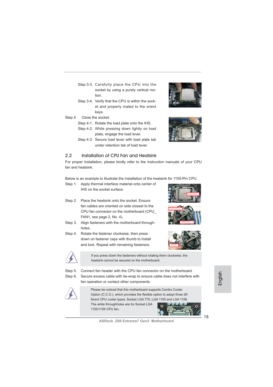 English, 2 installation of cpu fan and heatsink | ASRock Z68 Extreme7 Gen3 User Manual | Page 15 / 249