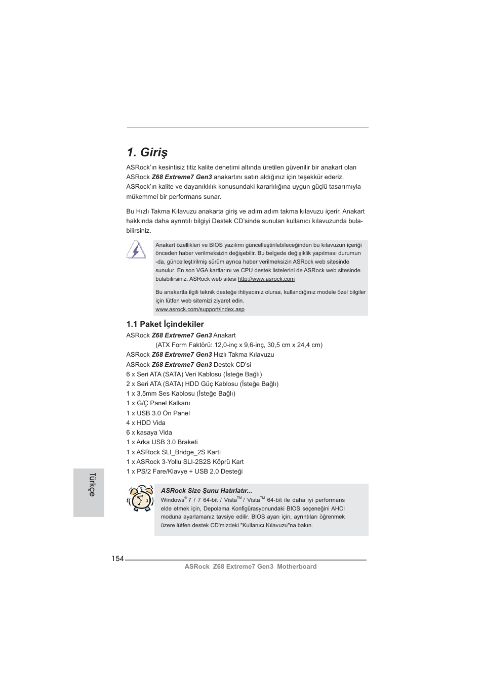 Turkish, Giriş | ASRock Z68 Extreme7 Gen3 User Manual | Page 154 / 249
