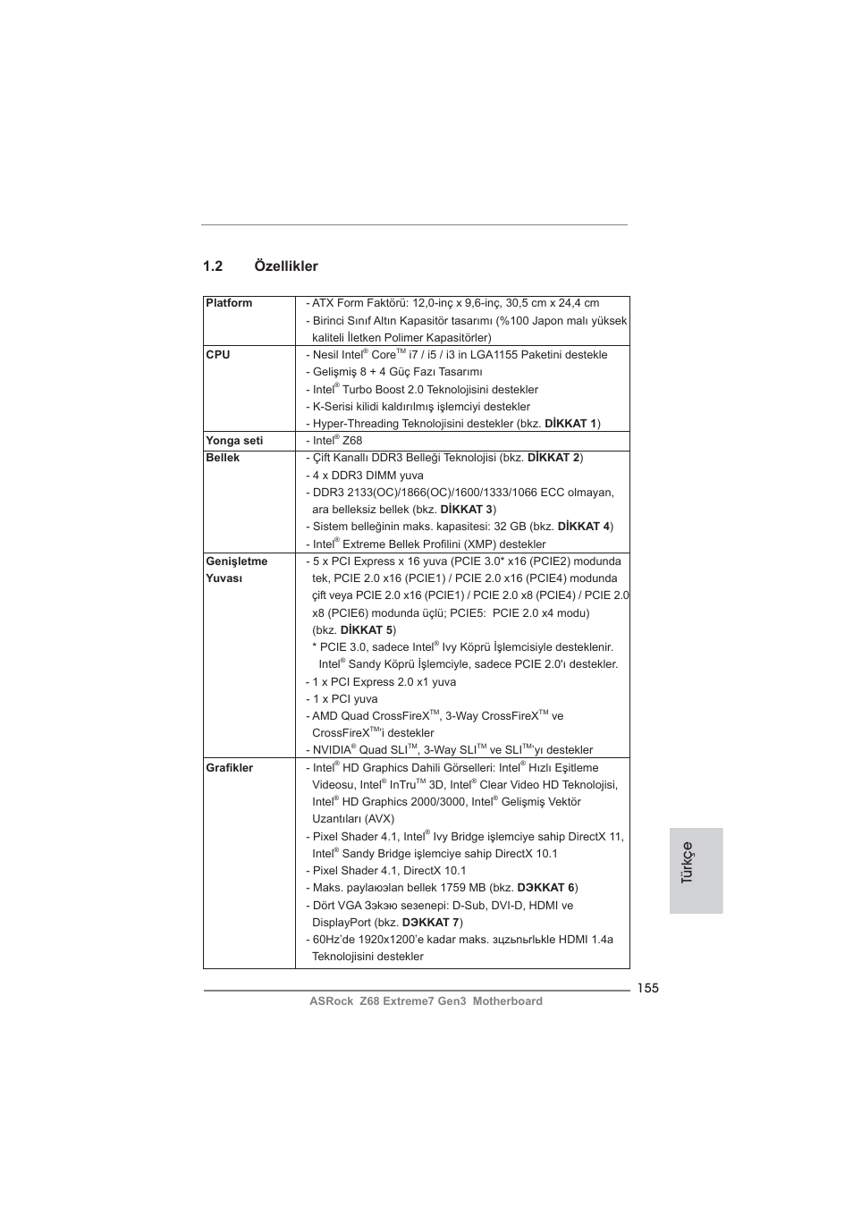 2 özellikler, Türkçe | ASRock Z68 Extreme7 Gen3 User Manual | Page 155 / 249