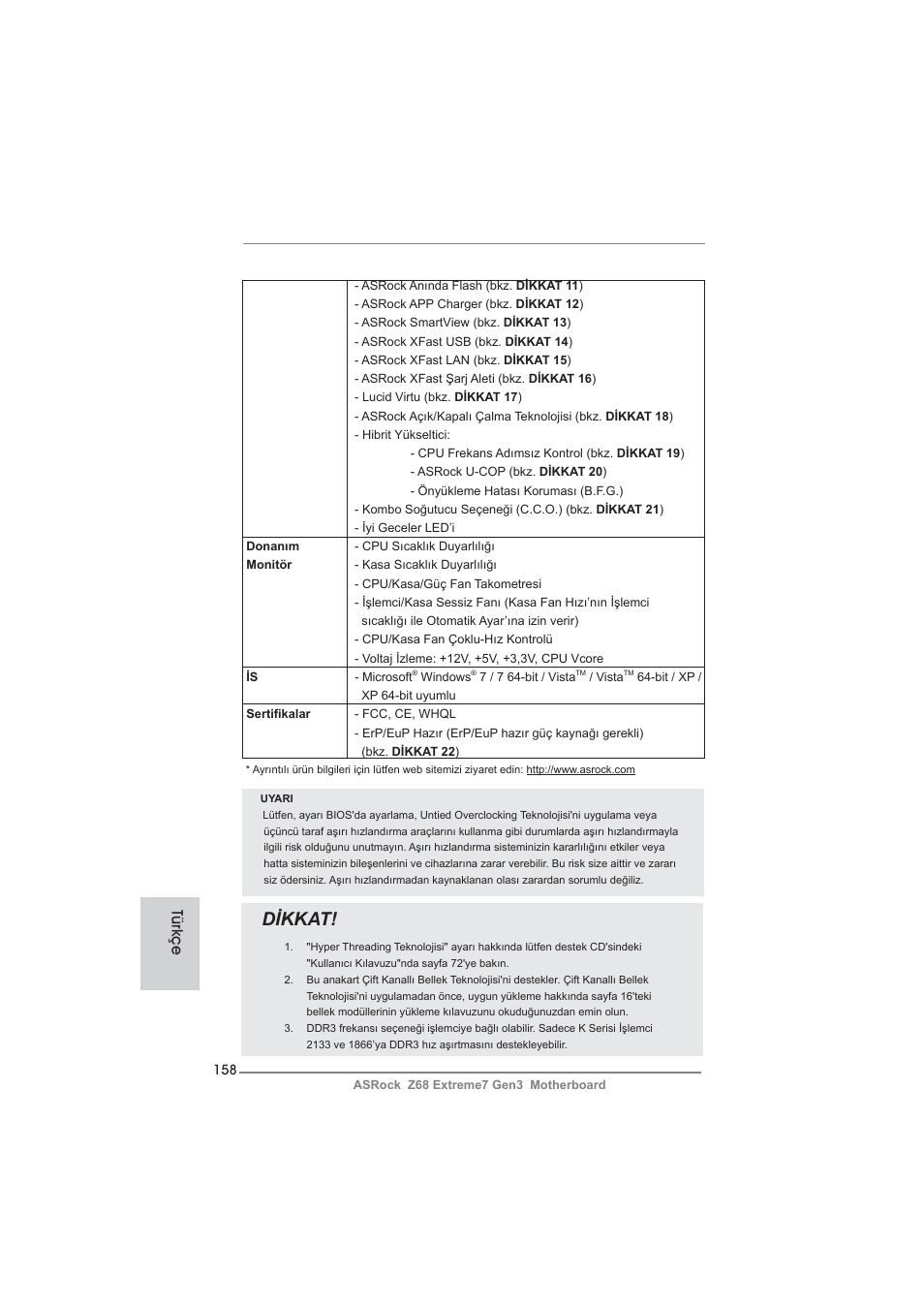 Dikkat, Türkçe | ASRock Z68 Extreme7 Gen3 User Manual | Page 158 / 249