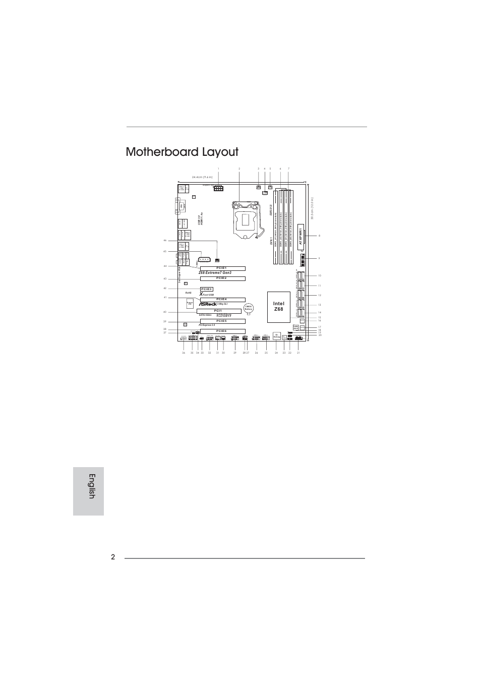 Motherboard layout, English, Pwrbtn rstbtn | Audio codec lan phy, Cha_fan2, Ps2_1 1, Lan phy, Asrock z68 extreme7 gen3 motherboard | ASRock Z68 Extreme7 Gen3 User Manual | Page 2 / 249