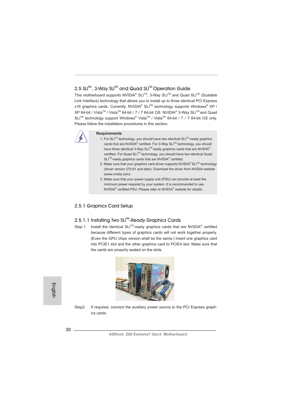 English 2.5 sli, Way sli, And quad sli | Operation guide, Ready graphics cards | ASRock Z68 Extreme7 Gen3 User Manual | Page 20 / 249