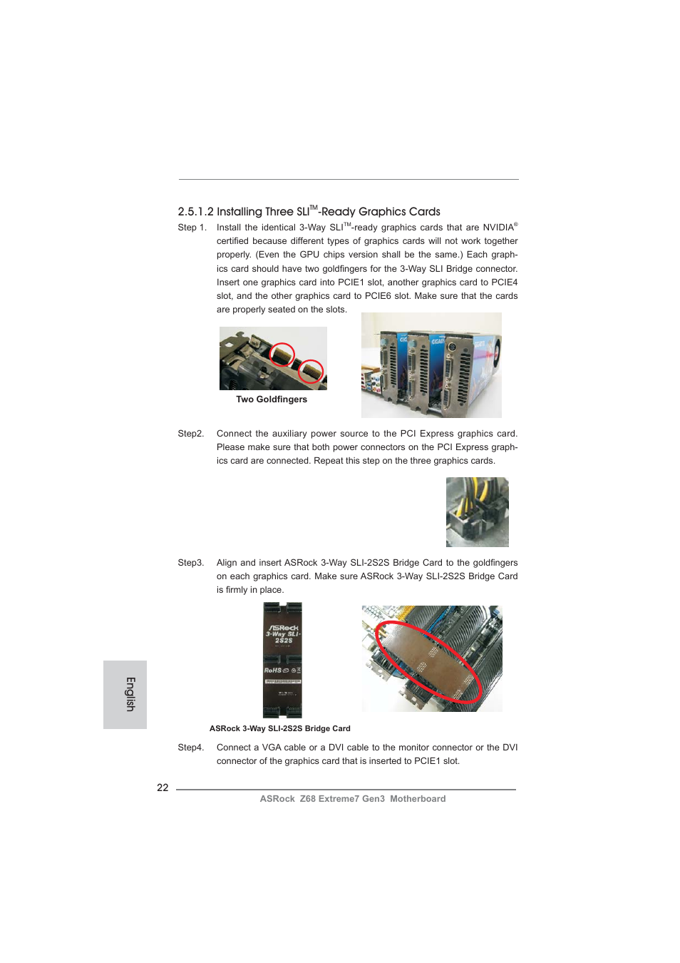 English 2.5.1.2 installing three sli, Ready graphics cards | ASRock Z68 Extreme7 Gen3 User Manual | Page 22 / 249