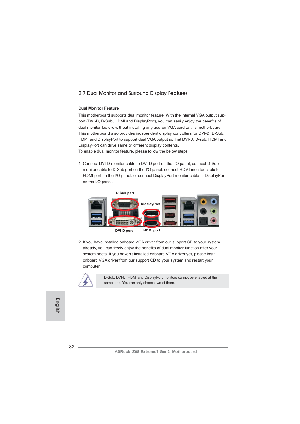 English, 7 dual monitor and surround display features | ASRock Z68 Extreme7 Gen3 User Manual | Page 32 / 249