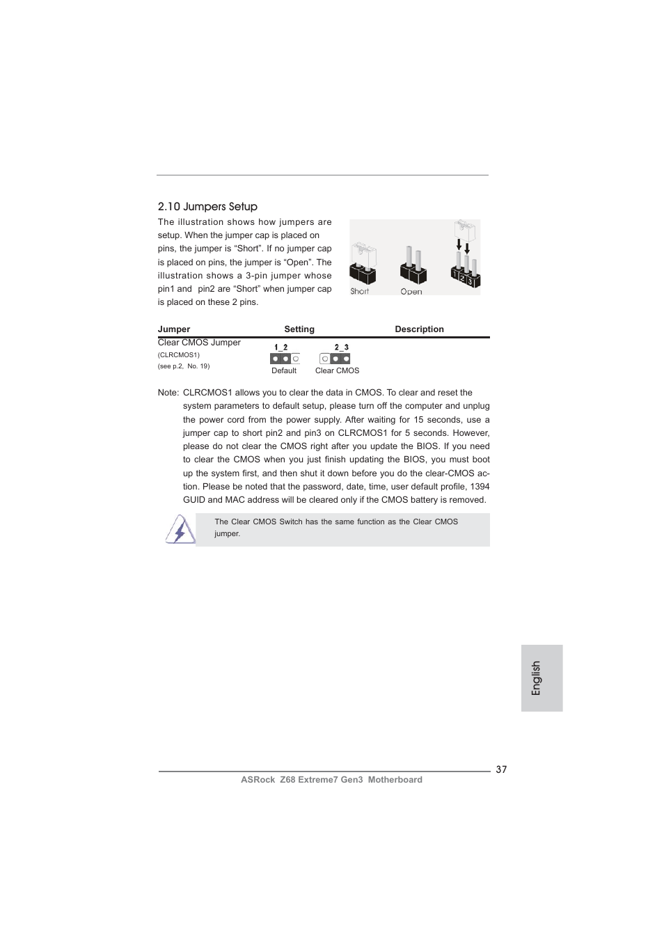 English 2.10 jumpers setup | ASRock Z68 Extreme7 Gen3 User Manual | Page 37 / 249