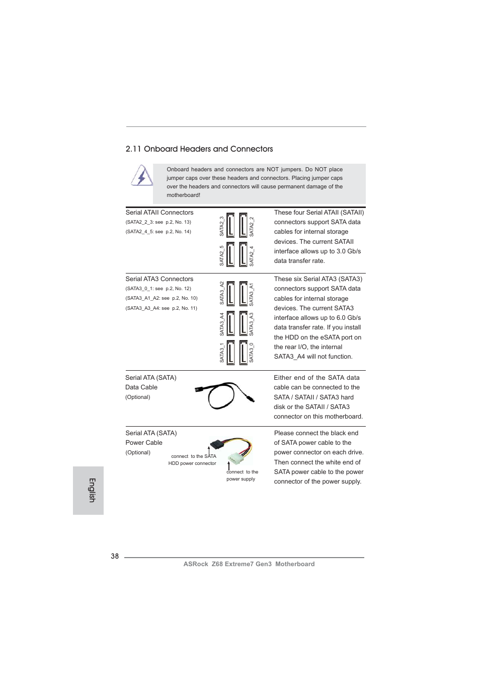 English 2.11 onboard headers and connectors | ASRock Z68 Extreme7 Gen3 User Manual | Page 38 / 249