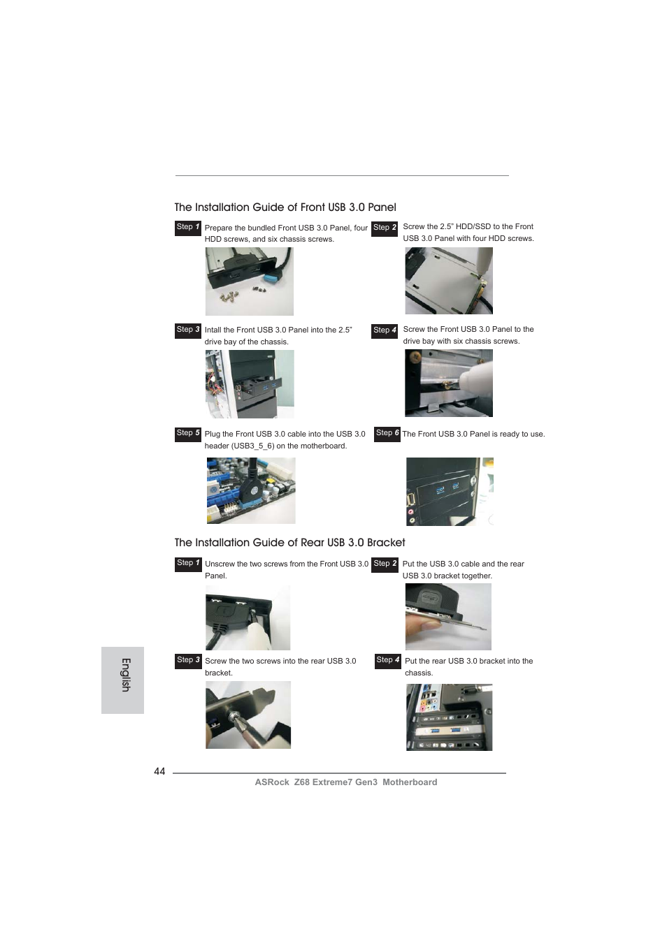 The installation guide of rear usb 3.0 bracket | ASRock Z68 Extreme7 Gen3 User Manual | Page 44 / 249