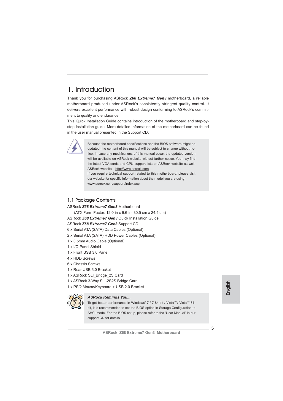 Introduction, 1 package contents, English | ASRock Z68 Extreme7 Gen3 User Manual | Page 5 / 249