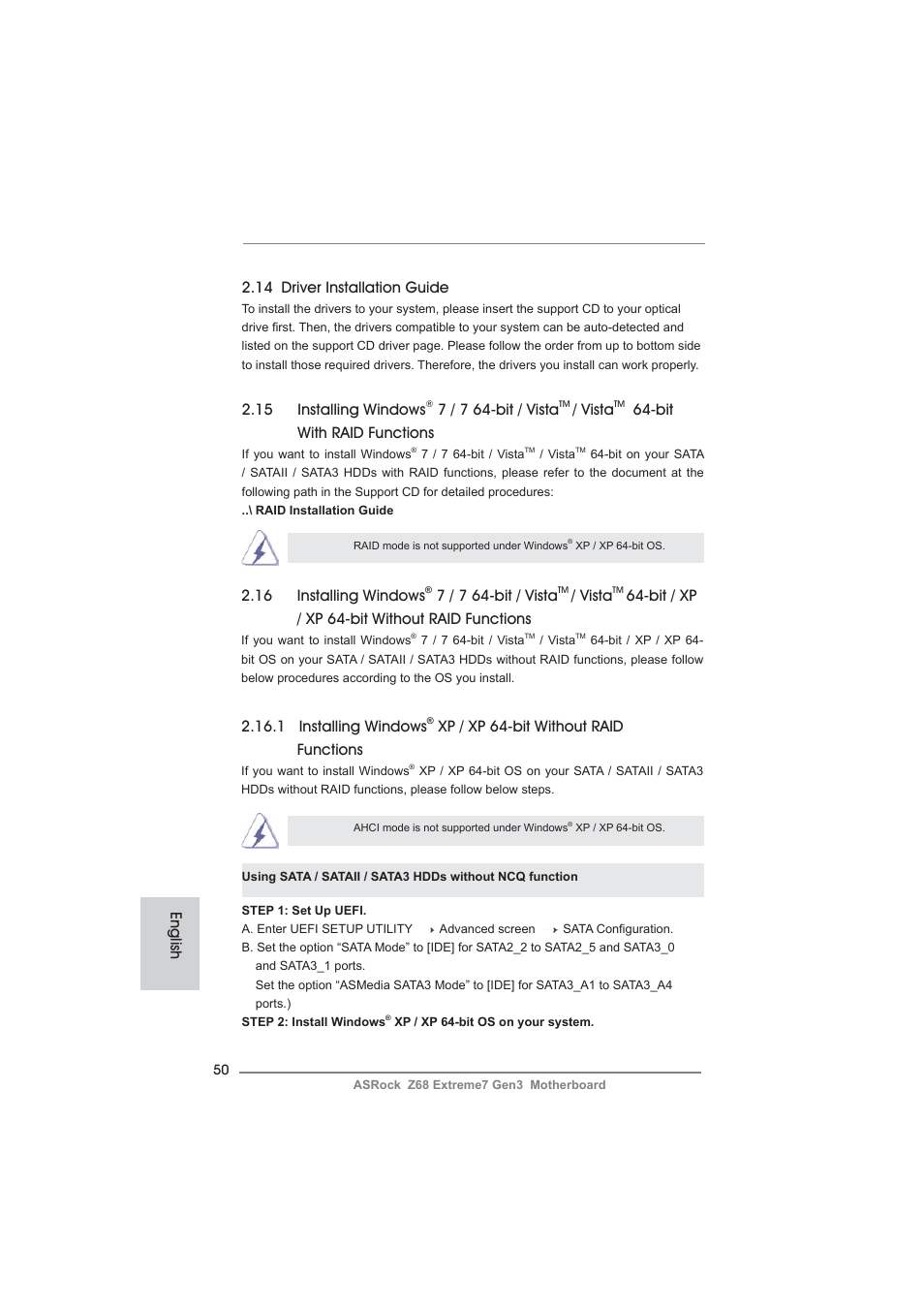 14 driver installation guide, 15 installing windows, 7 / 7 64-bit / vista | Vista, Bit with raid functions, English 2.16 installing windows, Bit / xp / xp 64-bit without raid functions, 1 installing windows, Xp / xp 64-bit without raid functions | ASRock Z68 Extreme7 Gen3 User Manual | Page 50 / 249