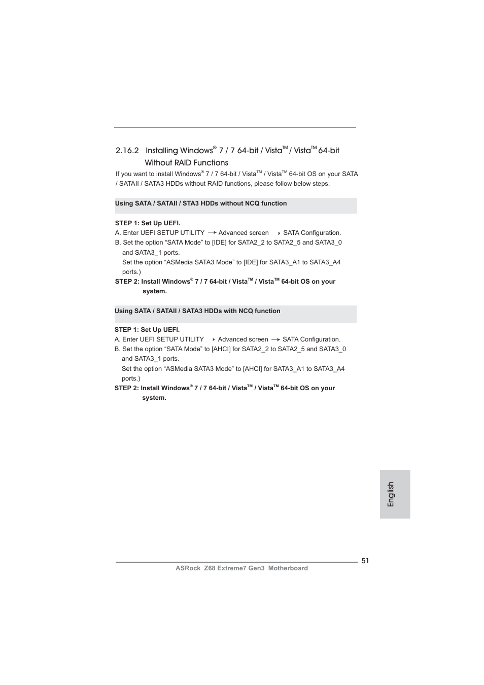 English 2.16.2 installing windows, 7 / 7 64-bit / vista, Vista | Bit without raid functions | ASRock Z68 Extreme7 Gen3 User Manual | Page 51 / 249