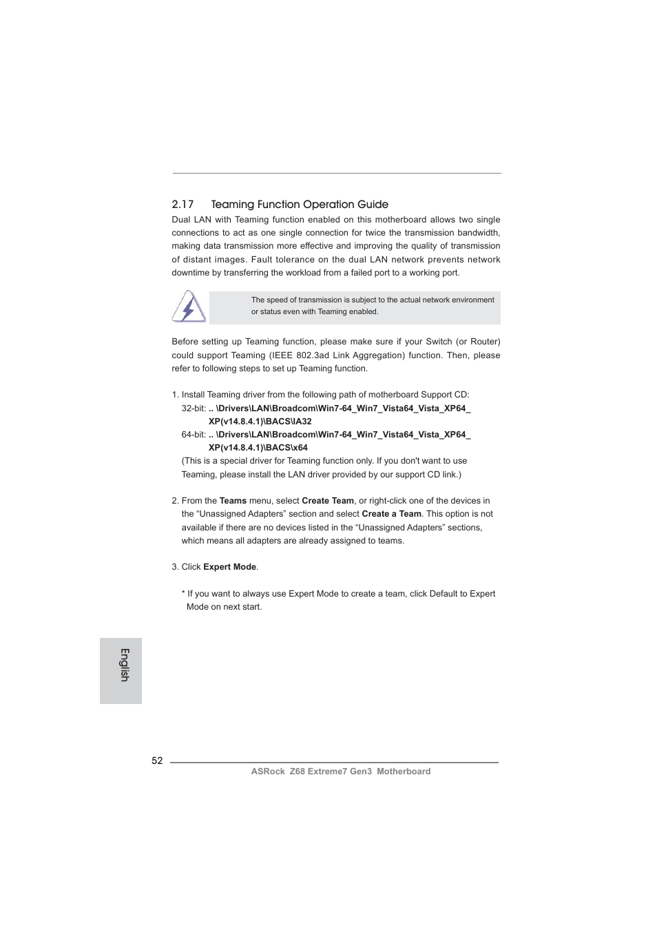 English 2.17 teaming function operation guide | ASRock Z68 Extreme7 Gen3 User Manual | Page 52 / 249