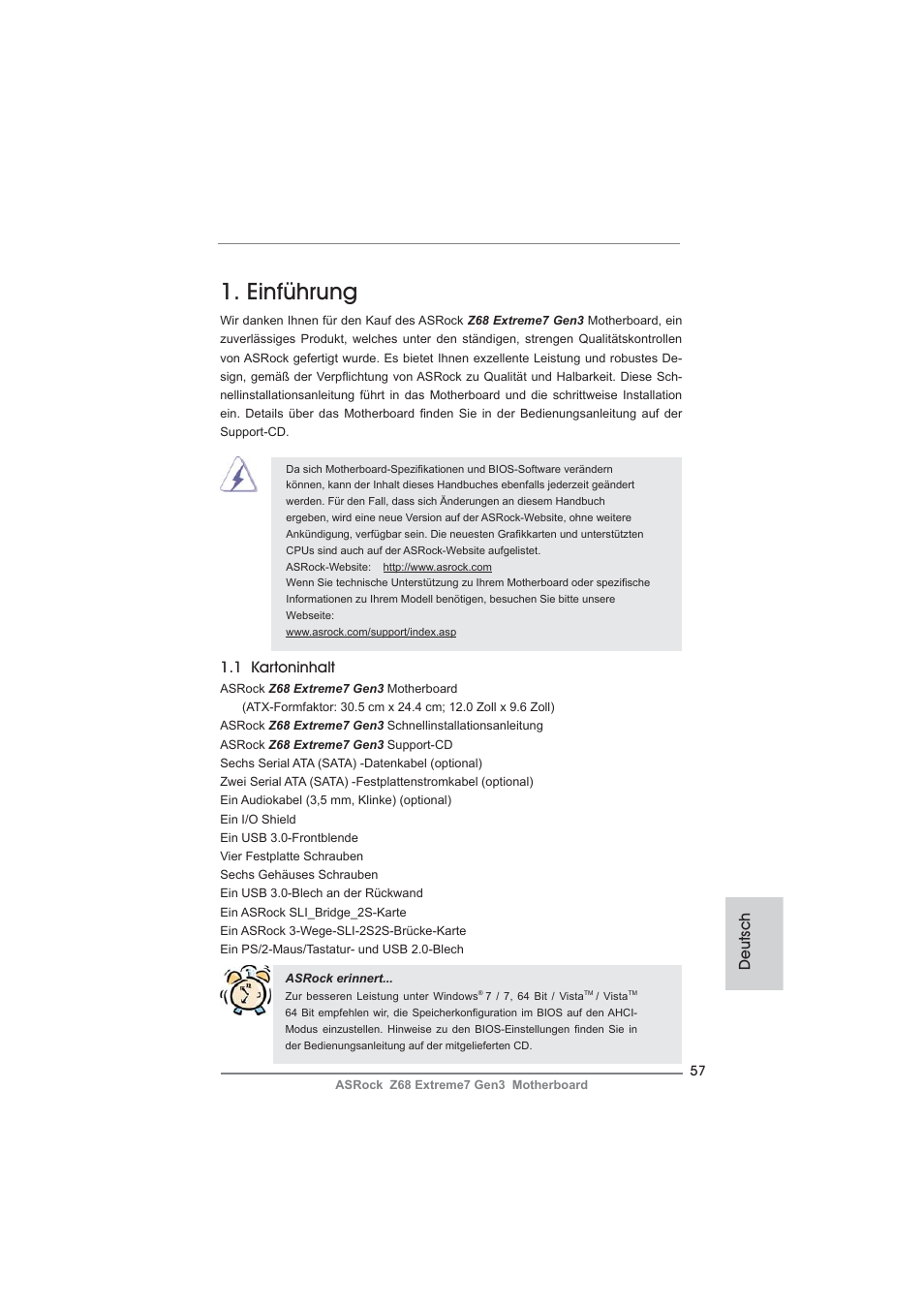 German, Einführung, Deutsch | 1 kartoninhalt | ASRock Z68 Extreme7 Gen3 User Manual | Page 57 / 249