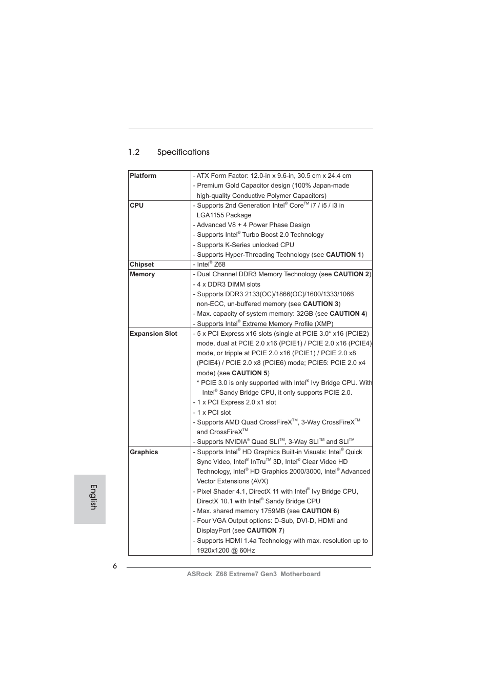English 1.2 specifications | ASRock Z68 Extreme7 Gen3 User Manual | Page 6 / 249