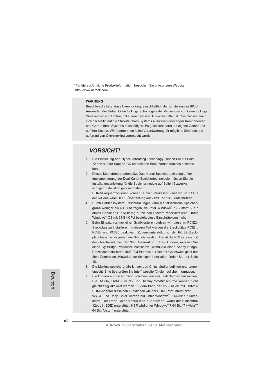 Vorsicht, Deutsch | ASRock Z68 Extreme7 Gen3 User Manual | Page 62 / 249