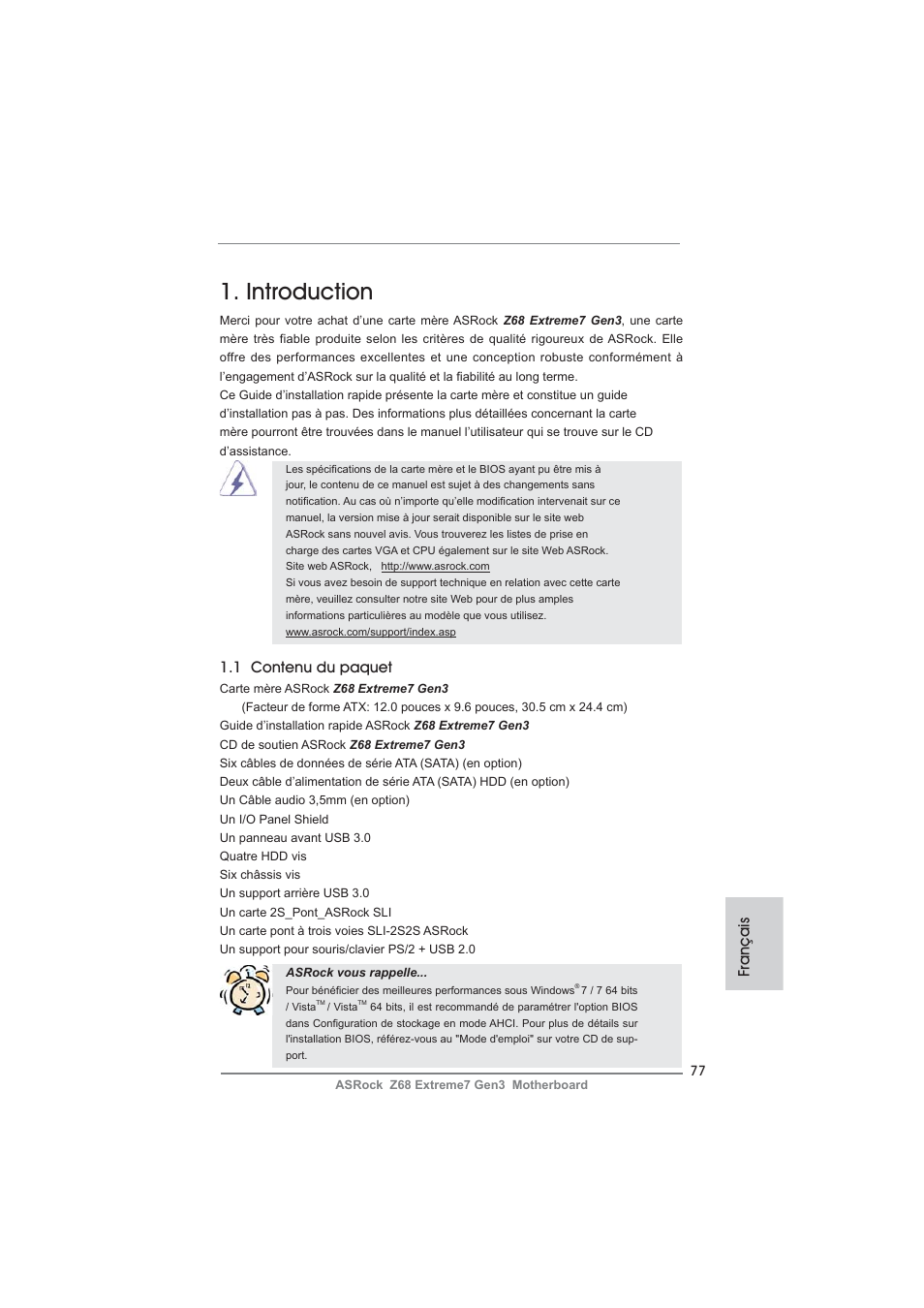 French, Introduction, 1 contenu du paquet | Français | ASRock Z68 Extreme7 Gen3 User Manual | Page 77 / 249