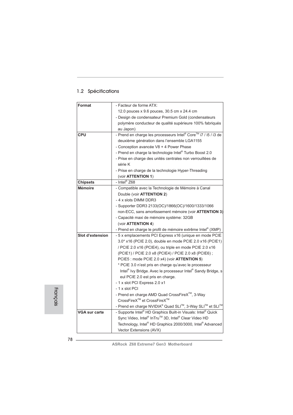 Français 1.2 spécifications | ASRock Z68 Extreme7 Gen3 User Manual | Page 78 / 249