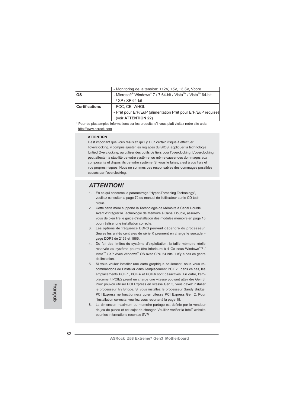 Attention, Français | ASRock Z68 Extreme7 Gen3 User Manual | Page 82 / 249