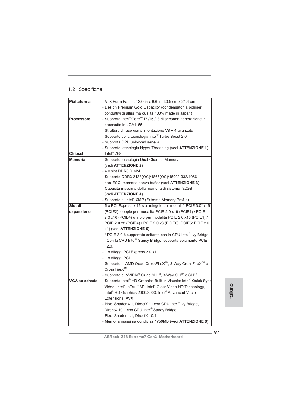 Italiano 1.2 specifiche | ASRock Z68 Extreme7 Gen3 User Manual | Page 97 / 249