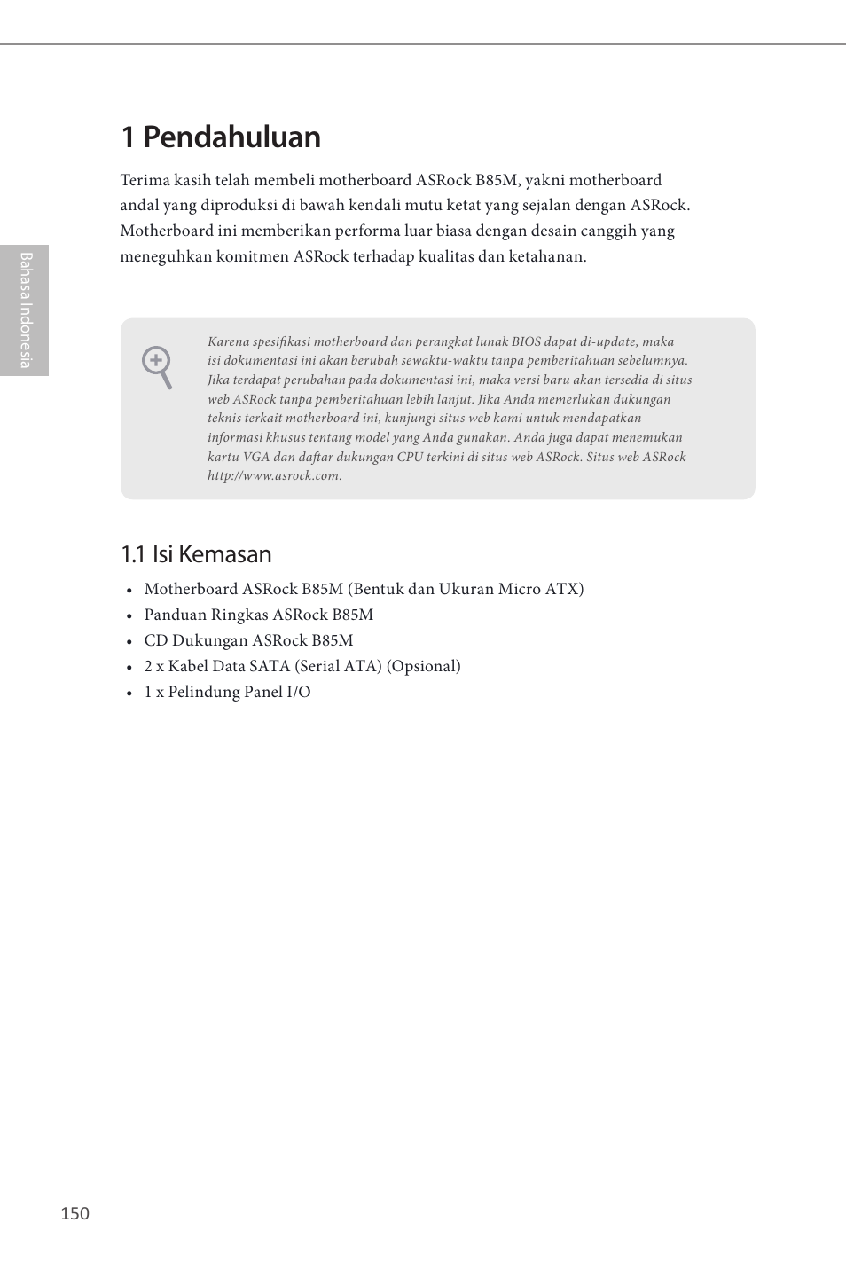 Indonesian, 1 pendahuluan, 1 isi kemasan | ASRock B85M User Manual | Page 152 / 163