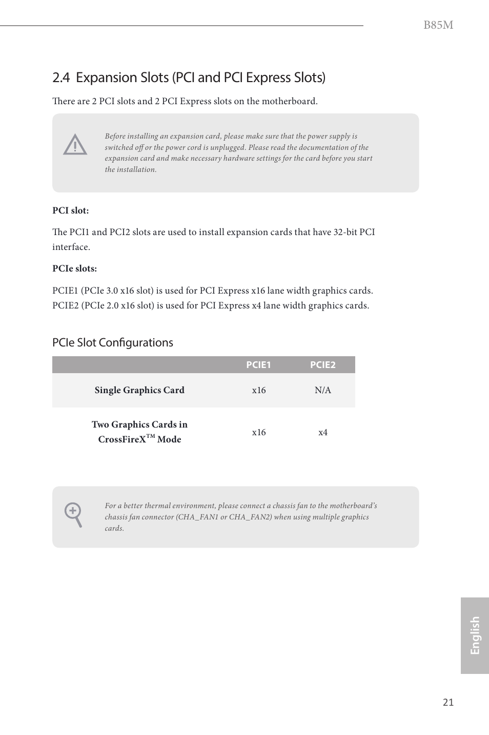 4 expansion slots (pci and pci express slots), B85m, English | Pcie slot configurations | ASRock B85M User Manual | Page 23 / 163