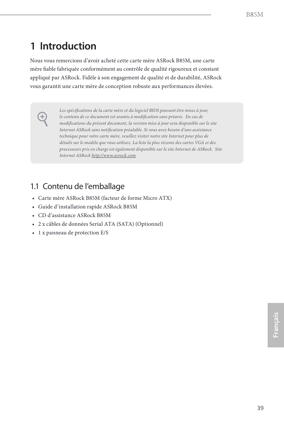 French, 1 introduction, 1 contenu de l’emballage | ASRock B85M User Manual | Page 41 / 163